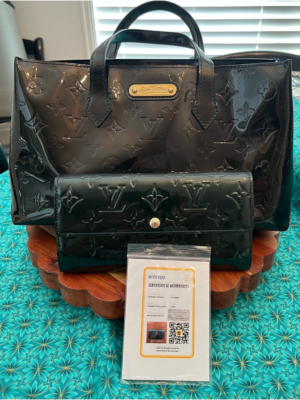 Louis Vuitton Deep Green Vernis Monogram Patent Leather Satchel w/Wallet